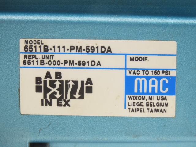 MAC 6511B-111-PM-591DA Pneumatic Solenoid Valve W/Base 150PSI 24VDC PME-591DABE