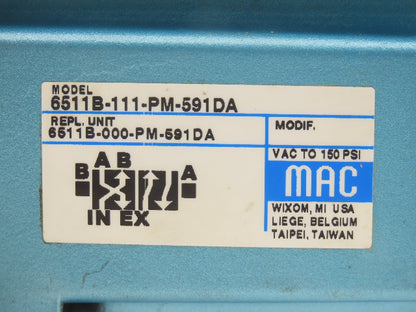 MAC 6511B-111-PM-591DA Pneumatic Solenoid Valve W/Base 150PSI 24VDC PME-591DABE