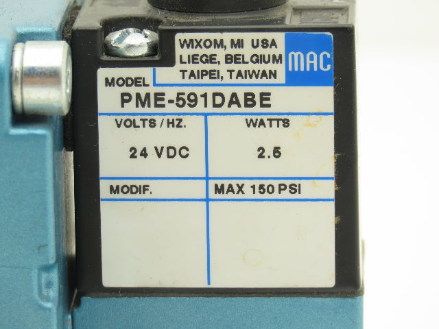 MAC 6511B-111-PM-591DA Pneumatic Solenoid Valve W/Base 150PSI 24VDC PME-591DABE