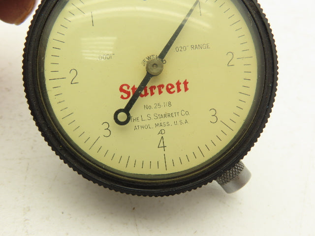 Starrett 25-118 Dial Indicator Gage 0-.020" Range .0001" 0-4-0 Dial Jeweled