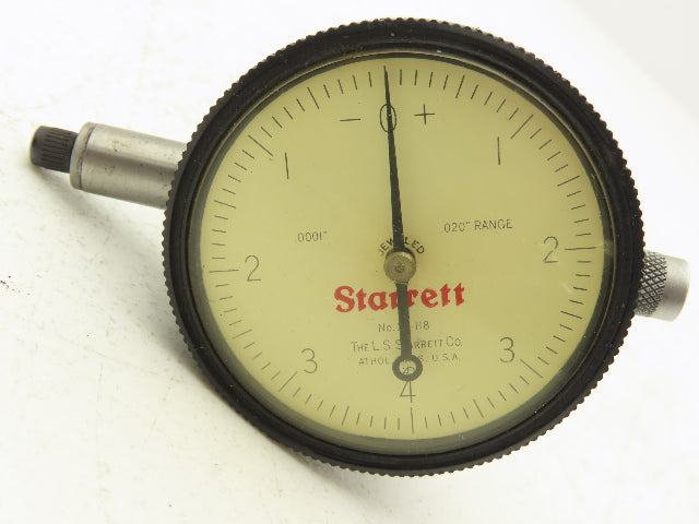 Starrett 25-118 Dial Indicator Gage 0-.020" Range .0001" 0-4-0 Dial Jeweled