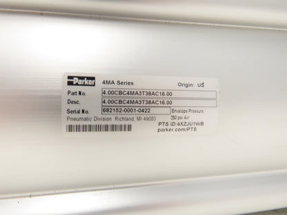 Parker 4.00CBC4MA3T38AC16.00 Pneumatic Air Cylinder 4" Bore 16" Stroke 250PSI