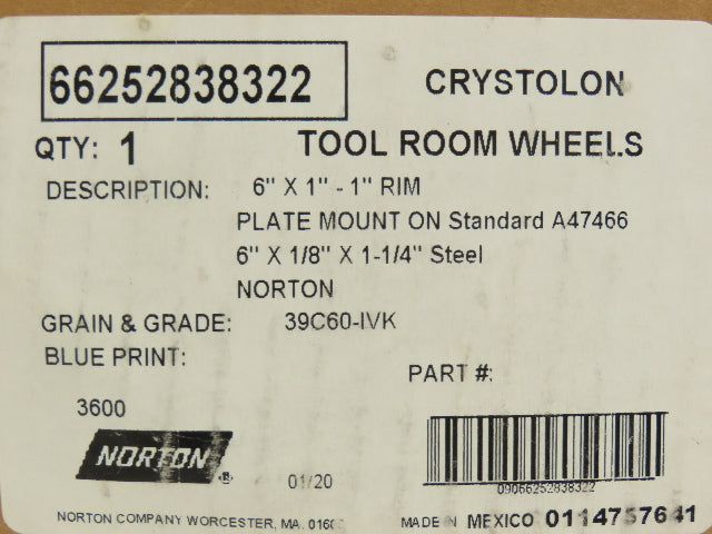 Norton 66252838322 Grinding Wheel Tool Room 6" Diameter 60 Grit Type 2