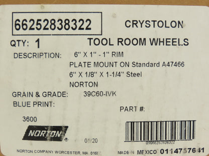 Norton 66252838322 Grinding Wheel Tool Room 6" Diameter 60 Grit Type 2