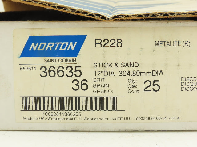 Norton 66261136635 PSA Sanding Disc 12" NH Aluminum Oxide 36 Grit R228 Lot Of 23