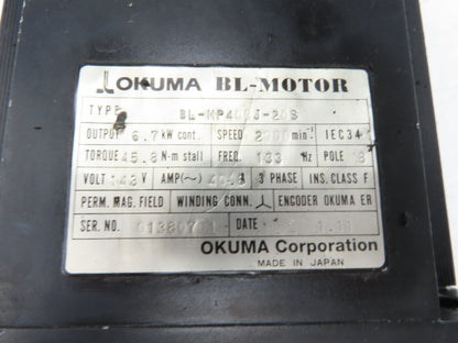 Okuma BL-MP400J-20S AC Servo Motor 6.7kW 2000 RPM 143V 40.8A 3PH Encoder