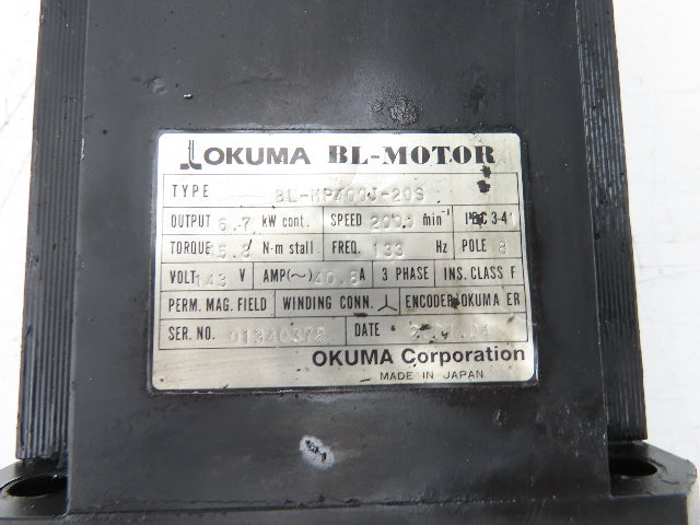 Okuma BL-MP400J-20S AC Servo Motor 6.7kW 2000 RPM 143V 40.8A 3PH Encoder