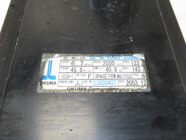 Okuma BL-MP400J-20SNA AC Servo Motor 6.7kW 2000 RPM 143V 40.8A 3PH Encoder