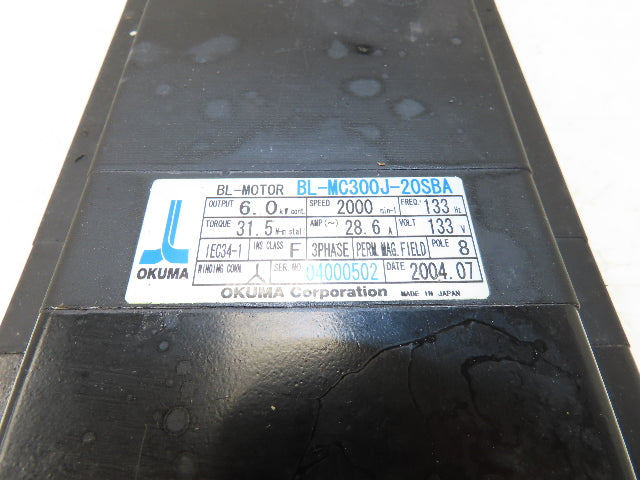Okuma BL-MC300J-20SBA AC Servo Motor 6kW 2000 RPM 133V 28.6A 3PH With Encoder