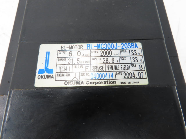 Okuma BL-MC300J-20SBA AC Servo Motor 6kW 2000 RPM 133V 28.6A 3PH W/Encoder -READ