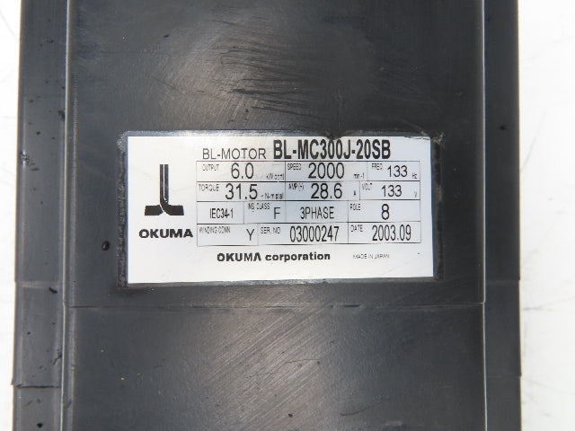 Okuma BL-MC300J-20SB AC Servo Motor 6kW 2000 RPM 133V 28.6A 3PH Encoder -READ