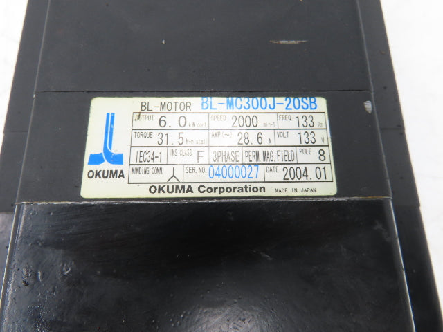 Okuma BL-MC300J-20SB AC Servo Motor 6kW 2000 RPM 133V 28.6A 3PH Encoder -READ
