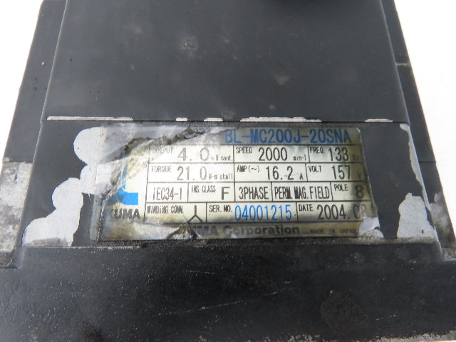 Okuma BL-MC200J-20SNA AC Servo Motor 4kW 2000 RPM 157V 16.2A 3PH With Encoder
