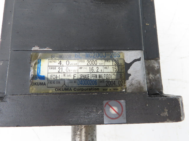 Okuma BL-MC200J-20S AC Servo Motor 4kW 2000 RPM 3PH 157V Encoder ER-JG-7200D