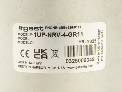 Gast 1UP-NRV-4-GR11 Pneumatic Air Motor 15:1 Gear Ratio 400 RPM 1/3Hp