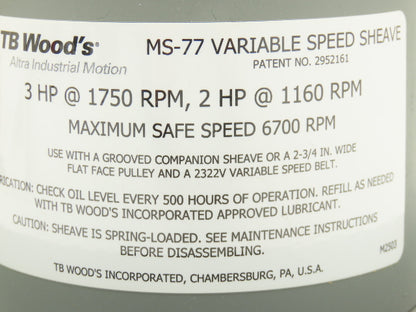 TB Woods MS77118 Variable Speed Sheave MS77 x 1-1/8"