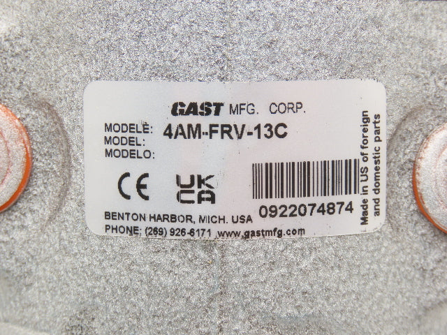 Gast 4AM-FRV-13C Rotary Vane Pneumatic Air Motor 1.7Hp 3000RPM 56 in-lb 100psi