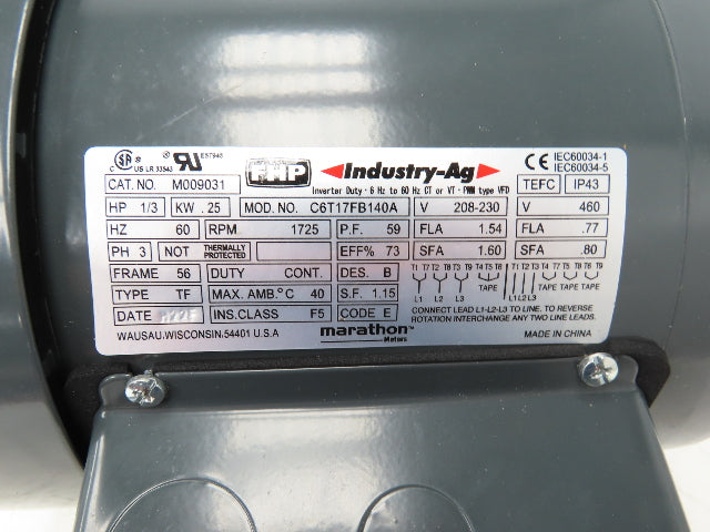 Marathon Motors M009031 AC Motor 1/3Hp 1725rpm 230/460V 3PH 56C TEFC