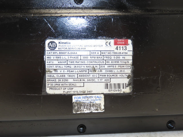 Allen Bradley MPL-B560F-SJ24AA AC Servo Motor 7.3Hp 3000 RPM 460V 3PH