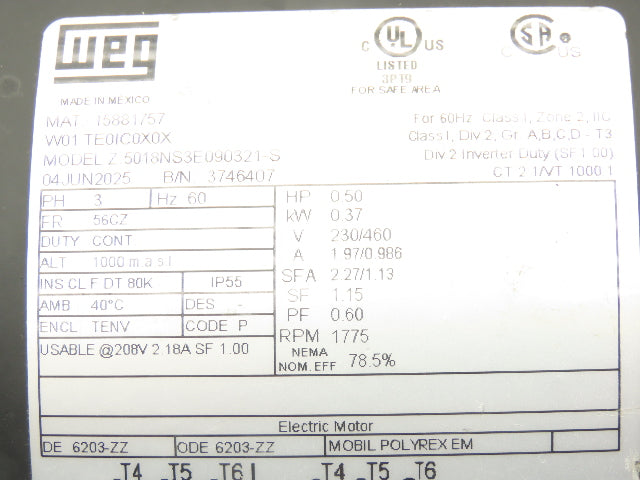 Weg Z.5018NS3E090321-S inverter Duty AC Motor 0.5Hp 1775RPM 230/460V 3Ph 56CZ TE