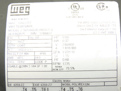 Weg Z.5018NS3E090321-S inverter Duty AC Motor 0.5Hp 1775RPM 230/460V 3Ph 56CZ TE