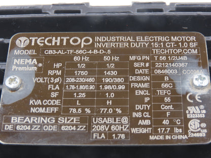 TechTop CB3-AL-TF-56C-4-B-D-.5 AC Motor 0.5 Hp 1750RPM 208-230/460V 3Ph 56C TEFC