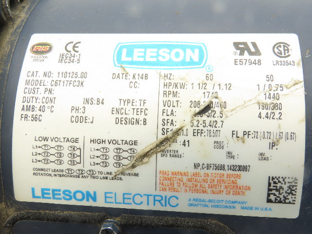 Leeson 110125.00 C6T17FC3K AC Motor 1.5Hp 1740RPM 208-230/460V 3Ph 56C TEFC