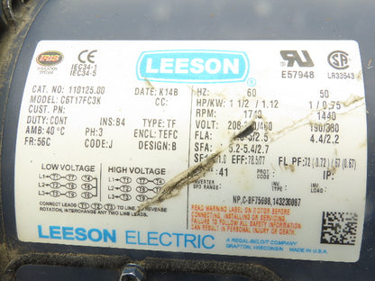 Leeson 110125.00 C6T17FC3K AC Motor 1.5Hp 1740RPM 208-230/460V 3Ph 56C TEFC