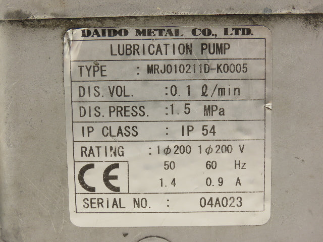 Daido MRJ010211D Lubrication Oil Pump Machine Oiler 0.1 L/Min 2L Tank 200V 1PH