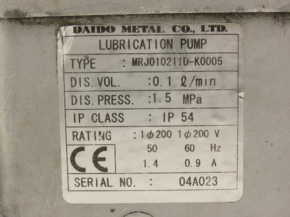 Daido MRJ010211D Lubrication Oil Pump Machine Oiler 0.1 L/Min 2L Tank 200V 1PH