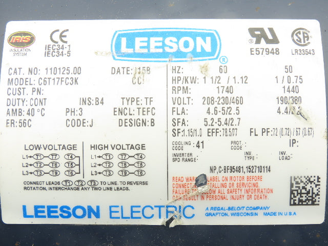 Leeson 110125.00 C6T17FC3K AC Motor 1.5Hp 1740RPM 208-230/460V 3Ph 56C TEFC