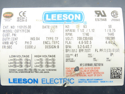 Leeson 110125.00 C6T17FC3K AC Motor 1.5Hp 1740RPM 208-230/460V 3Ph 56C TEFC