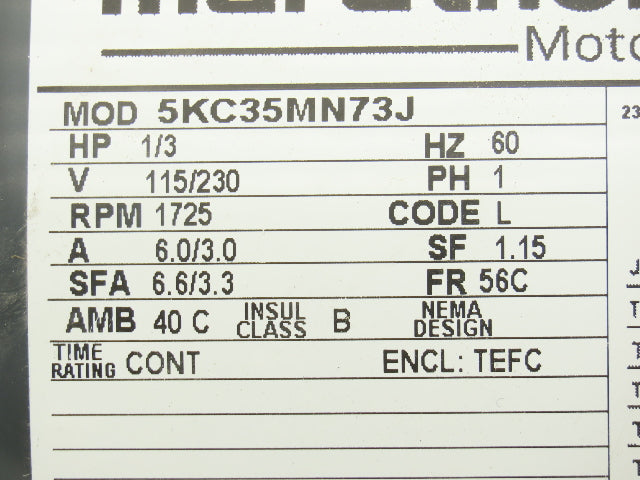 Marathon 5KC35MN73J AC Motor 1/3Hp 1725rpm 115/230V 1Ph 56C TEFC