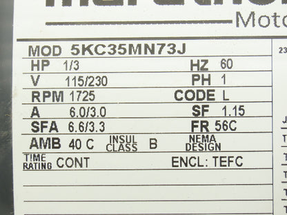 Marathon 5KC35MN73J AC Motor 1/3Hp 1725rpm 115/230V 1Ph 56C TEFC