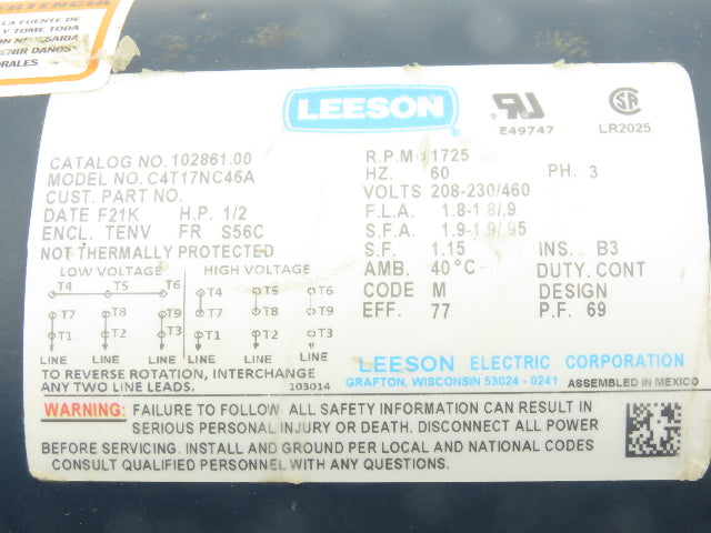Leeson Electric C4T17NC46A AC Motor 0.5Hp 1725RPM 208-230/460V 3Ph S56C TENV