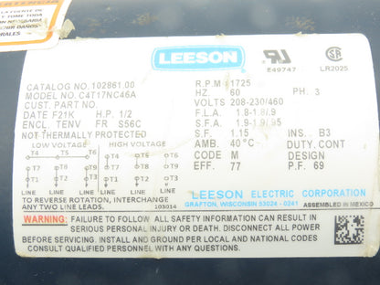 Leeson Electric C4T17NC46A AC Motor 0.5Hp 1725RPM 208-230/460V 3Ph S56C TENV