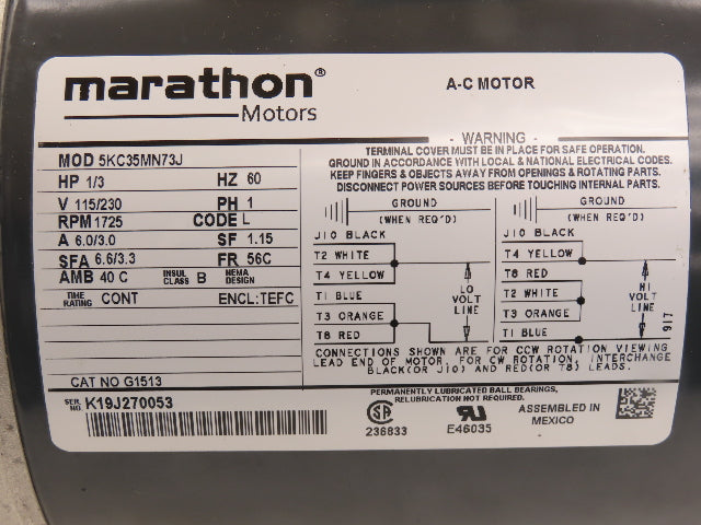 Marathon Electric 5KC35MN73J AC Motor 1/3Hp 1725RPM 115/230V 1Ph 56C TEFC