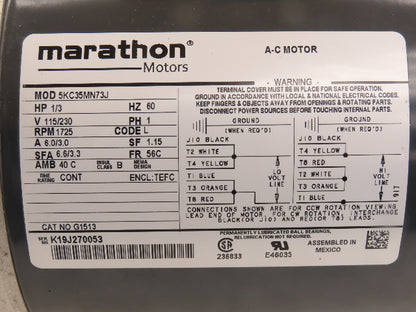 Marathon Electric 5KC35MN73J AC Motor 1/3Hp 1725RPM 115/230V 1Ph 56C TEFC
