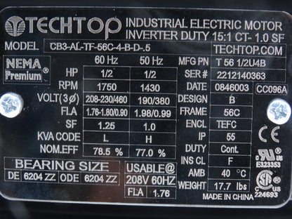 Techtop CB3-AL-TF-56C-4-B-D-.5 AC Motor 1/2Hp 1750rpm 230/460V 3Ph 56C TEFC