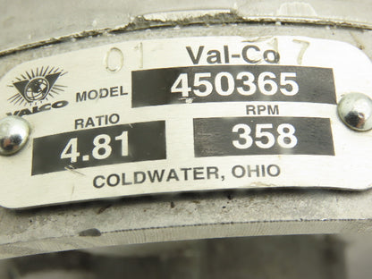 Val-Co 450365 Spur Gearbox 4.81:1 Reducer 358rpm 56C Parallel Shaft