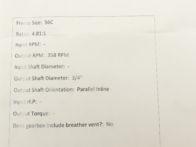 Val-Co 450365 Spur Gearbox 4.81:1 Reducer 358rpm 56C Parallel Shaft