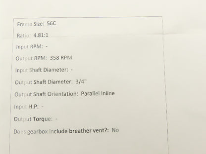 Val-Co 450365 Spur Gearbox 4.81:1 Reducer 358rpm 56C Parallel Shaft