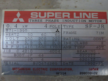 Mitsubishi SuperLine Motor KSP Hydraulic Pump .4kw 4P 1700 RPM 220V 3/4"NPT