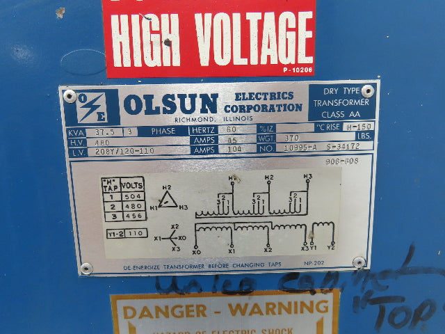 Olsun 10995-A Step Down Electric Transformer 37.5kva 3Ph HV 480 LV 208Y/120 Wye