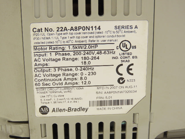 Allen Bradley 22A-A8P0N114 PowerFlex 4 Variable AC Drive VFD 2Hp 240V 1PH Input