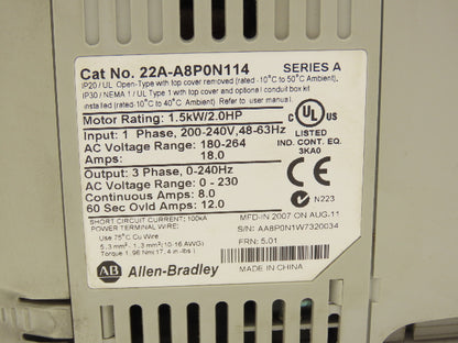 Allen Bradley 22A-A8P0N114 PowerFlex 4 Variable AC Drive VFD 2Hp 240V 1PH Input
