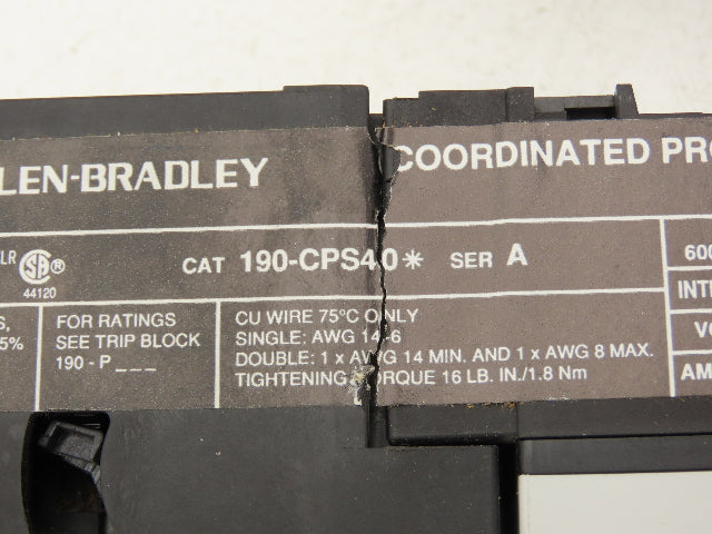 Allen Bradley 190-CPS40 Motor Starter Contactor Overload Block 3Ph 600V 16A 120V