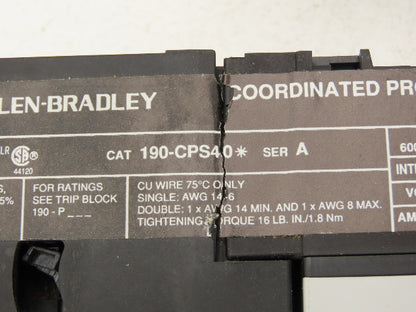 Allen Bradley 190-CPS40 Motor Starter Contactor Overload Block 3Ph 600V 16A 120V