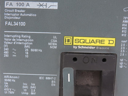 Square D FAL34100 3 Pole Circuit Breaker 100A 480V 3PH Gray Face Molded Case