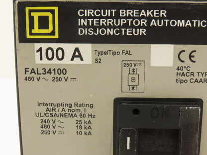 Square D FAL34100 3 Pole Circuit Breaker Interrupter 100A 480V 3PH Molded Case